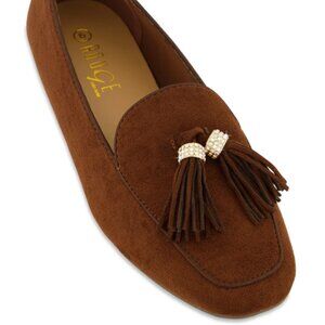 Rhinestone Tassel Detail Flats - brown suede